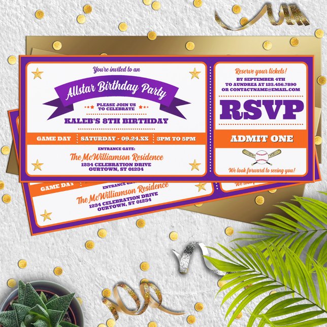 Purple & Orange Baseball Allstar Ticket Birthday Invitation (Creator Uploaded)