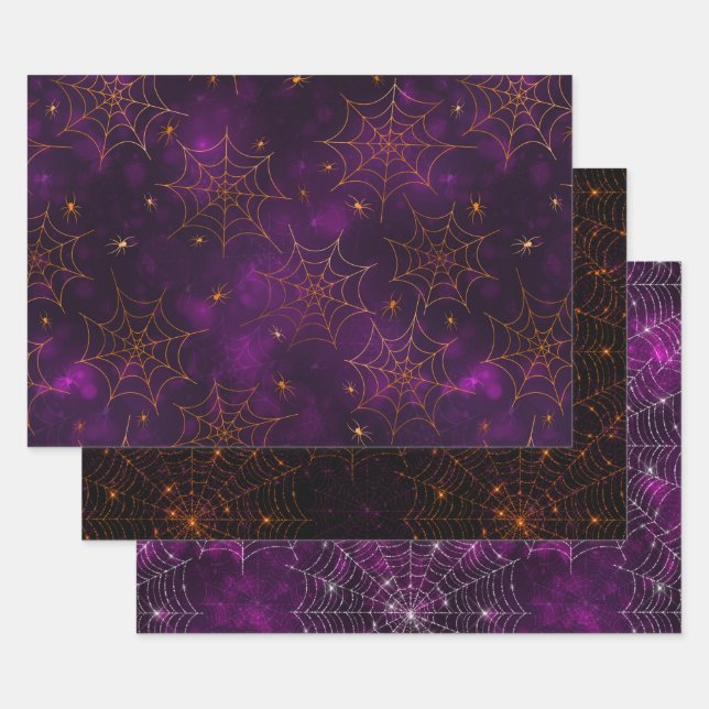 Purple, Orange & Black Cobwebs Halloween Bokeh Wrapping Paper Sheets (Set)
