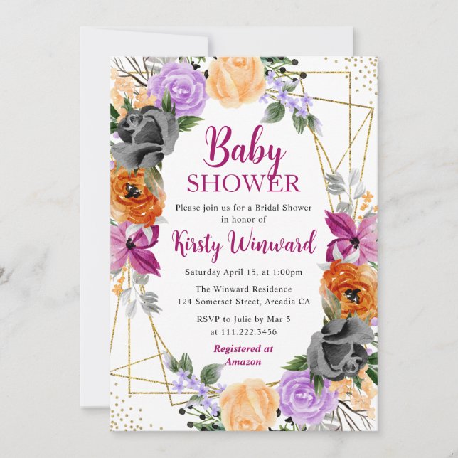 Purple Orange Black Flowers Frame Baby Shower Invitation (Front)