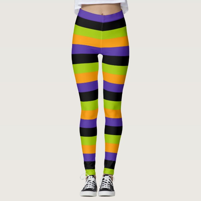 Purple Orange Black Green Witchy Stripes Halloween Leggings (Front)