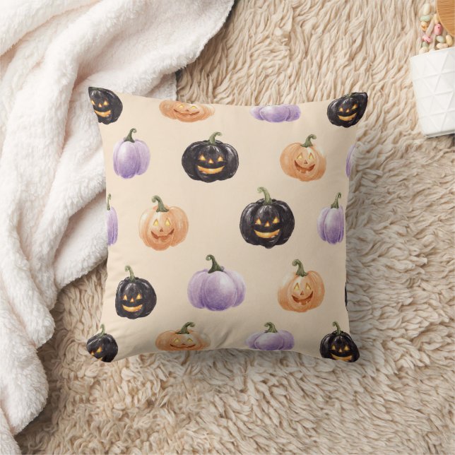 Purple Orange Black Pumpkins Throw Pillow (Blanket)