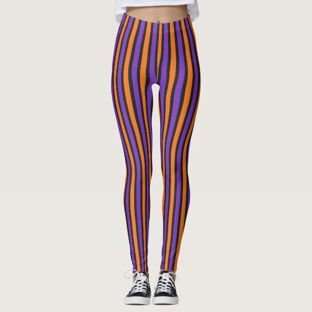 Purple Orange Black Striped Halloween Leggings (Front)