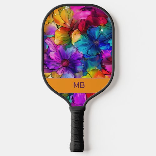 Purple Orange Blue Alcohol Ink Floral Monogram Pickleball Paddle