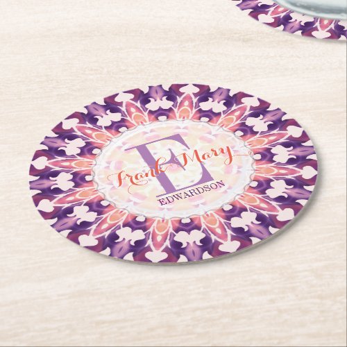 Purple Orange Bluebell Sun Monogram Paper Coasters