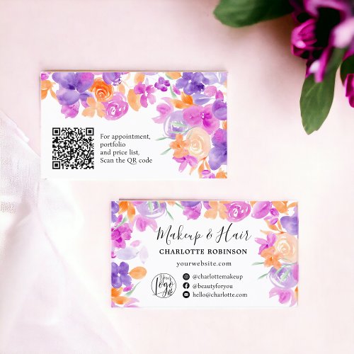 Purple Orange Boho flowers floral makeup hair Business Card
