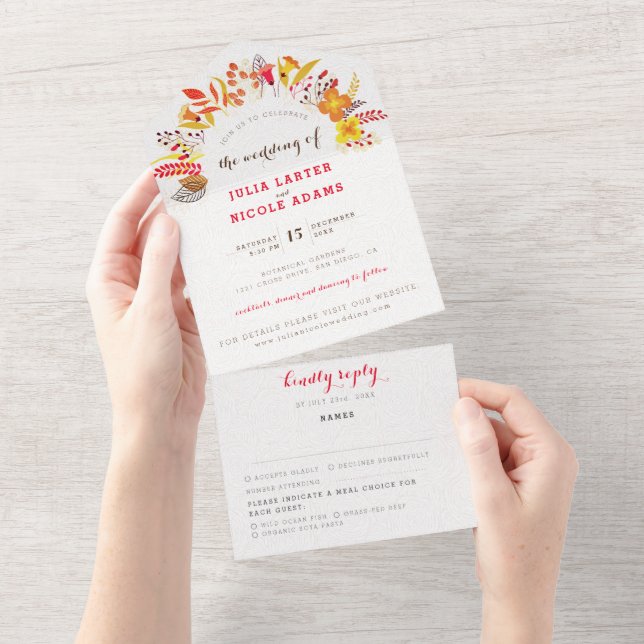 Purple Orange Boho Wildflower Foliage Wedding All In One Invitation (Tearaway)