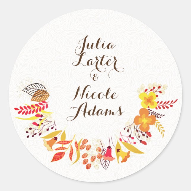Purple Orange Boho Wildflower Foliage Wedding Classic Round Sticker (Front)