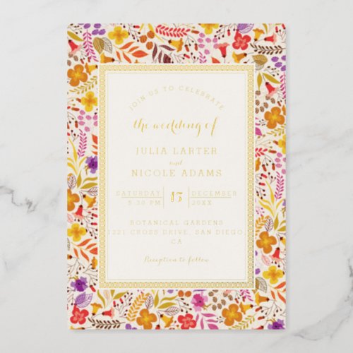 Purple Orange Boho Wildflower Foliage Wedding Foil Invitation