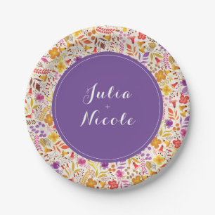 Purple Orange Boho Wildflower Foliage Wedding Paper Plates