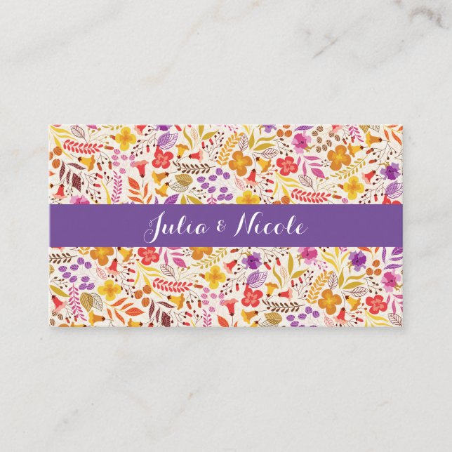 Purple Orange Boho Wildflower Foliage Wedding Place Card (Front)