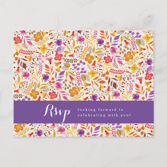 Purple Orange Boho Wildflower Foliage Wedding Postcard (Front)
