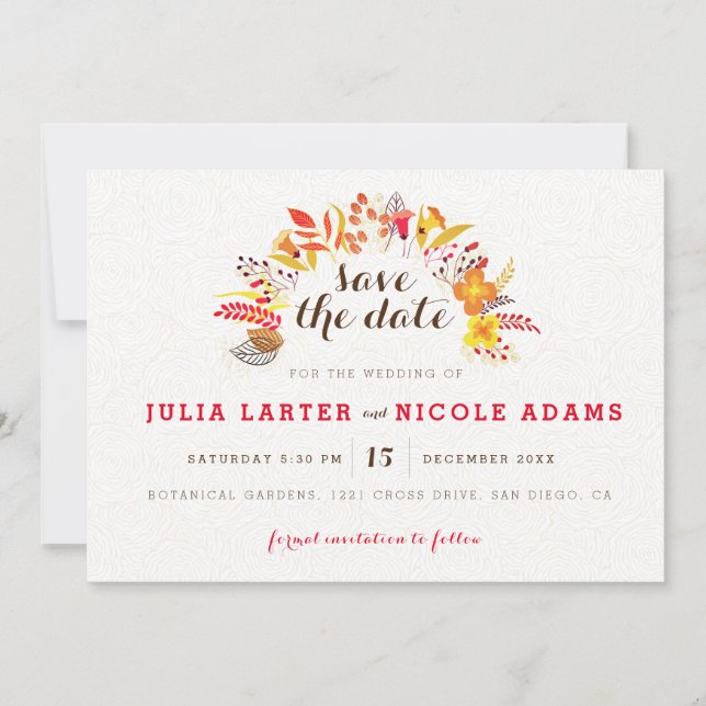 Purple Orange Boho Wildflower Foliage Wedding Save The Date (Front)