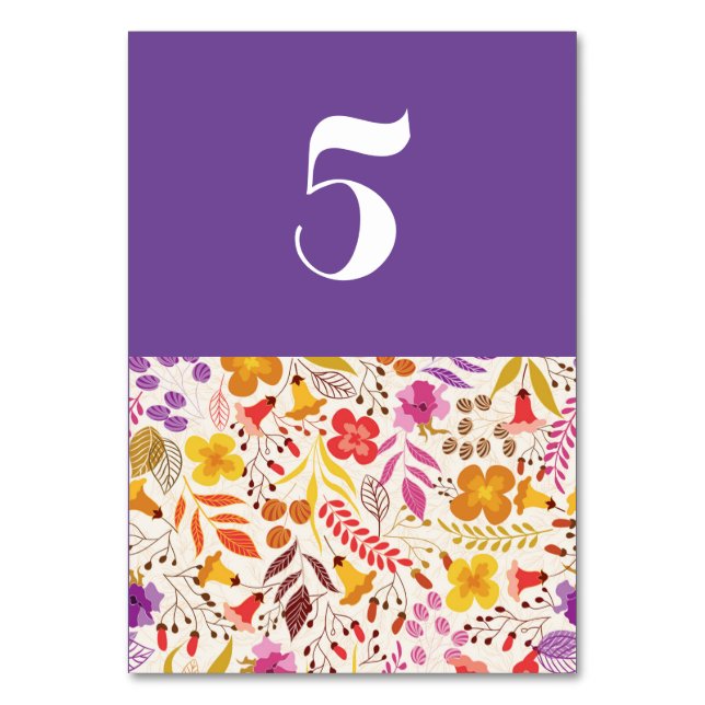 Purple Orange Boho Wildflower Foliage Wedding Table Number (Front)