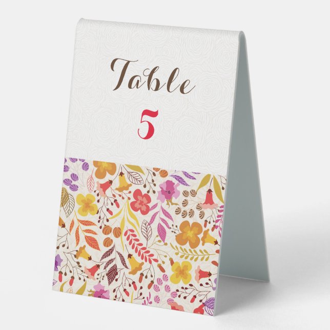 Purple Orange Boho Wildflower Foliage Wedding Table Tent (Front)