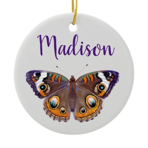 Purple &amp; Orange Buckeye Butterfly Painting Ceramic Ornament