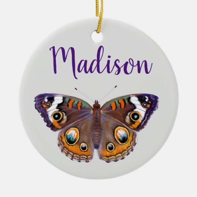 Purple & Orange Buckeye Butterfly Painting Ceramic Ornament (Front)