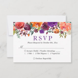 Purple Orange Burgundy Floral Fall Wedding RSVP Card