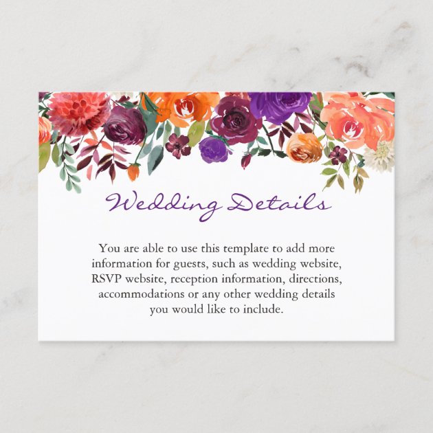 Purple Orange Burgundy Floral Wedding Details Enclosure Card