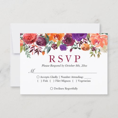 Purple Orange Burgundy Floral Wedding RSVP - Purple Orange Burgundy Floral Wedding RSVP Card.  
(1) For further customization, please click the "customize further" link and use our design tool to modify this template. 
(2) If you prefer Thicker papers / Matte Finish, you may consider to choose the Matte Paper Type. 
(3) If you need help or matching items, please contact me.