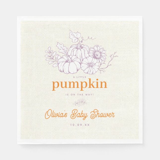 Purple Orange Burlap Little Pumpkin Baby Shower Napkins (Front)