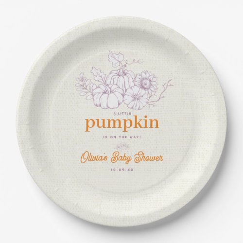 Purple Orange Burlap Little Pumpkin Baby Shower Paper Plates