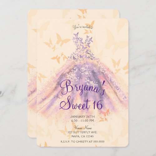 Purple Orange Butterfly Dance Dress Sweet 16 Party Invitation