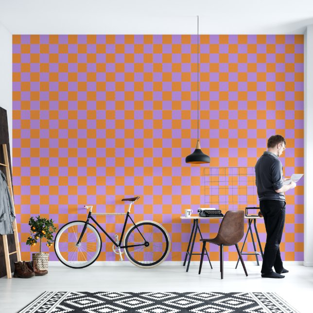 Purple Orange Checkered Wallpaper (Living Room)