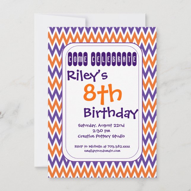 Purple Orange Chevron Birthday Party Invitations (Front)