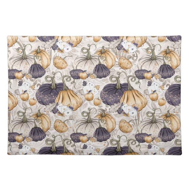 PURPLE ORANGE CREAM FALL PUMPKINS PLAYING CARDS CLOTH PLACEMAT (Front)