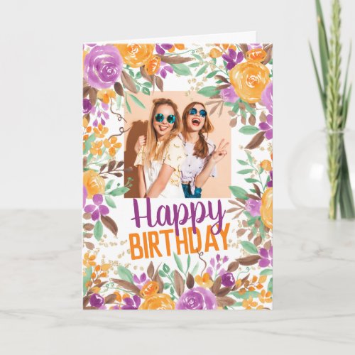 Purple orange fall floral happy birthday photo card