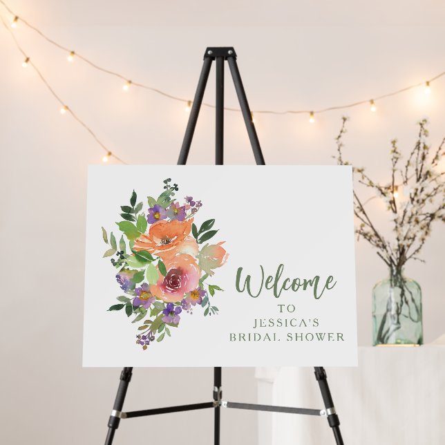Purple Orange Floral Bridal Shower Welcome Sign (In Situ (Stand))