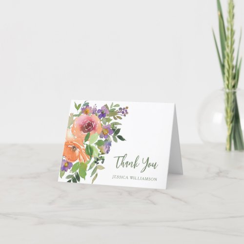 Purple Orange Floral Custom Bridal Shower Folded Thank You Card