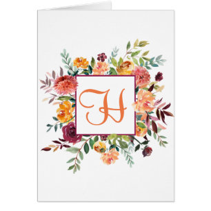 Purple & Orange Floral Monogram Design Customized Cards