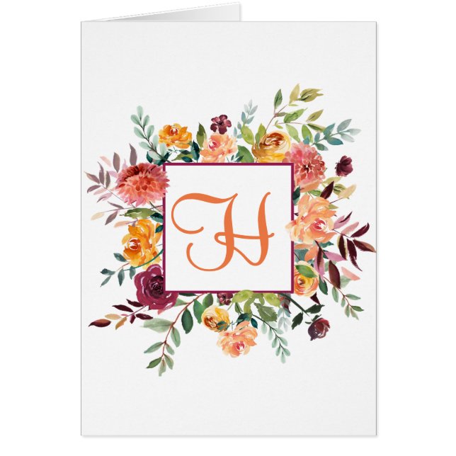 Purple & Orange Floral Monogram Design Customized Cards (Front)