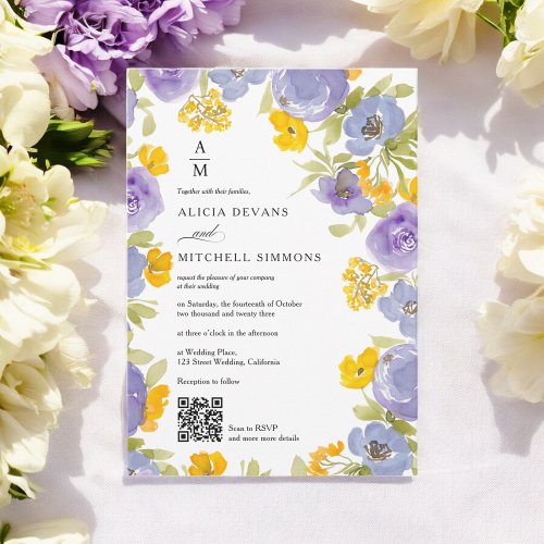 Purple orange Floral monogram Qr photo wedding Invitation