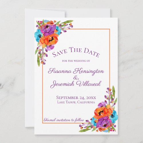 Purple Orange Floral Watercolor Save The Date Pic