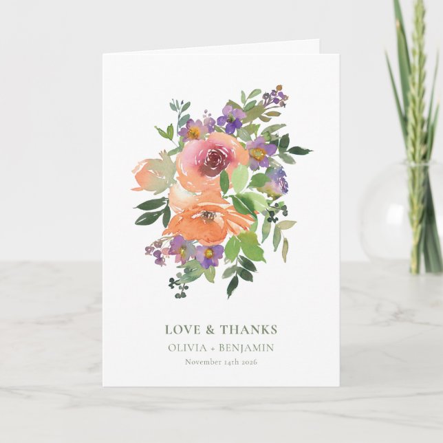 Purple Orange Floral Wedding Custom Message Folded Thank You Card (Front)