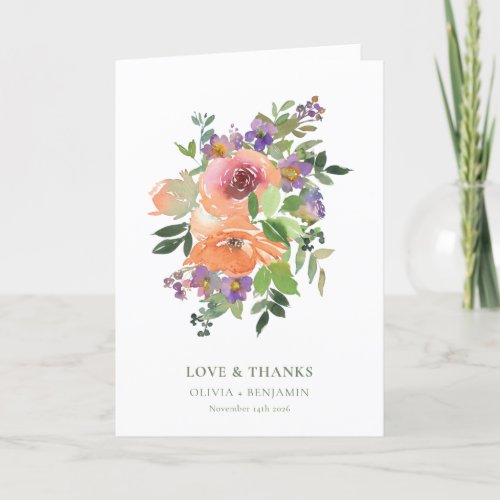 Purple Orange Floral Wedding Custom Message Folded Thank You Card