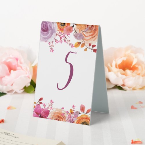 Purple Orange Floral Wedding Table Tent Sign