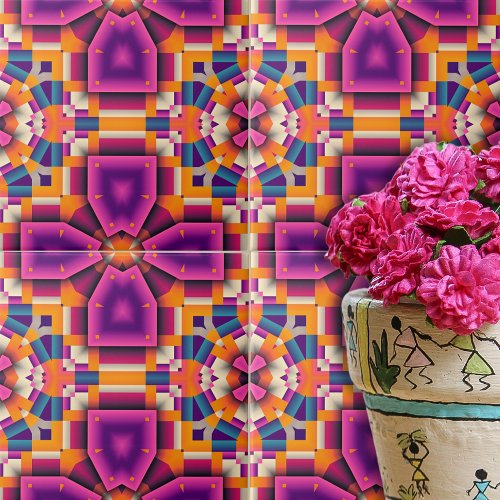 Purple Orange Funky Cool Kaleidoscope Mosaic Ceramic Tile