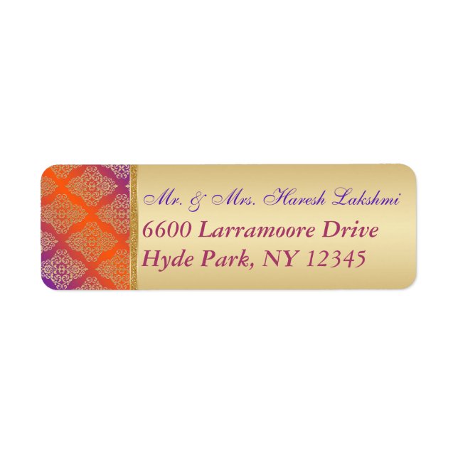 Purple Orange Gold Damask Return Address Label (Front)