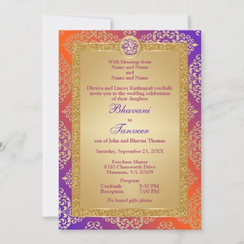 Purple Orange Gold FAUX Glitter Ganesha Invitation