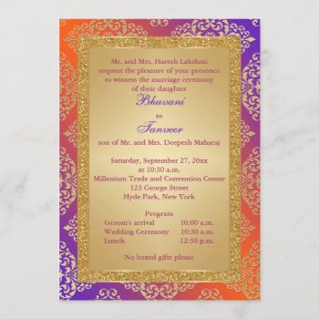 Purple  Orange  Gold Faux Glitter Wedding Invite by NiteOwlStudio at Zazzle