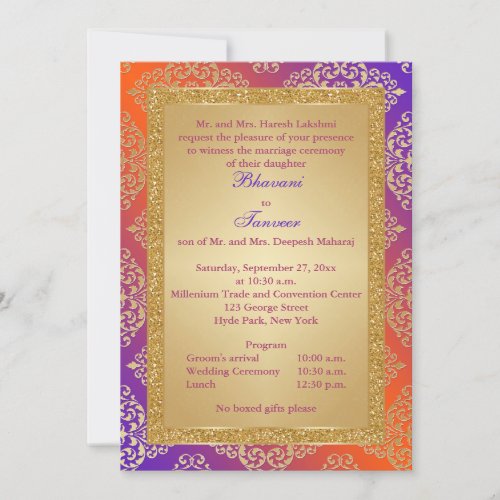 Purple Orange Gold FAUX Glitter Wedding Invite