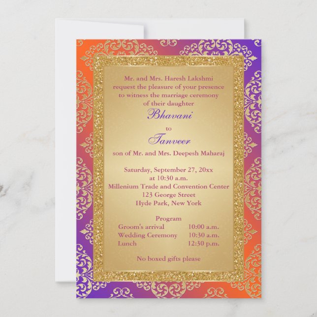Purple, Orange, Gold FAUX Glitter Wedding Invite (Front)