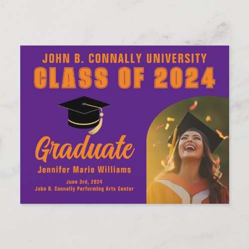 Purple Orange Graduate Photo 2024 Graduation Postcard