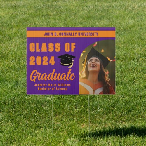 Purple Orange Graduate Photo 2024 Graduation Yard Sign
