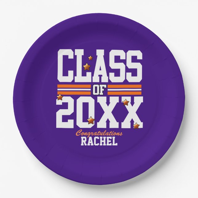 Purple|Orange Graduating Class Year Paper Plates (Front)