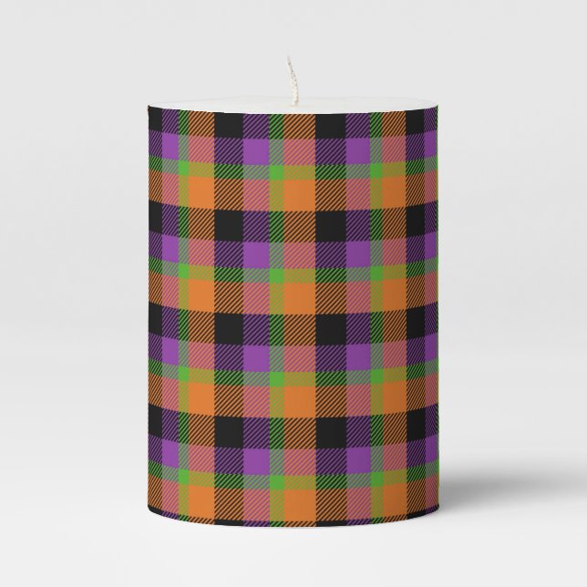 PURPLE ORANGE GREEN BLACK HALLOWEEN PLAID PILLAR CANDLE (Front)