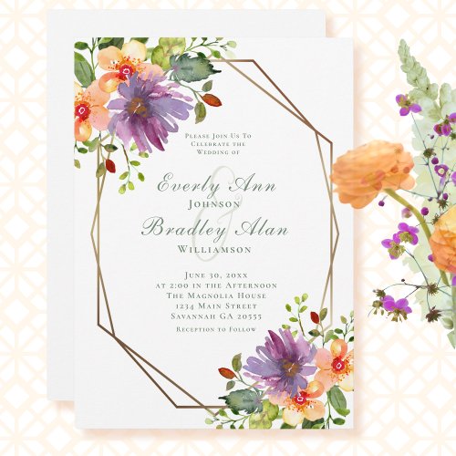 Purple Orange Green Floral QR Code Photo Wedding Invitation